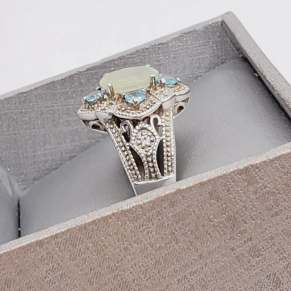 Apatite - White Topaz & Chalcedony 925 Sterling Silver Milgrain Design Ring
